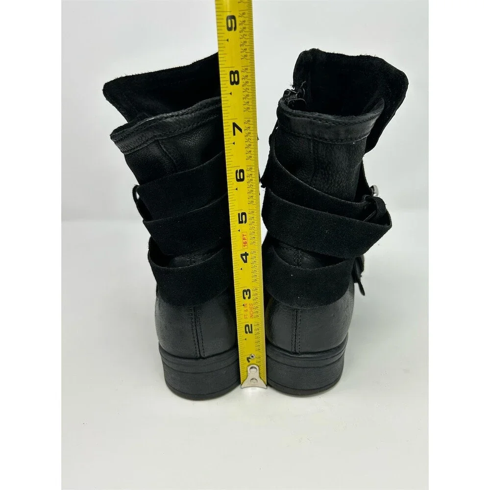 Miz Mooz Shane Womens Ankle Moto Bootie Black Side Zip Buckle Straps Size 39